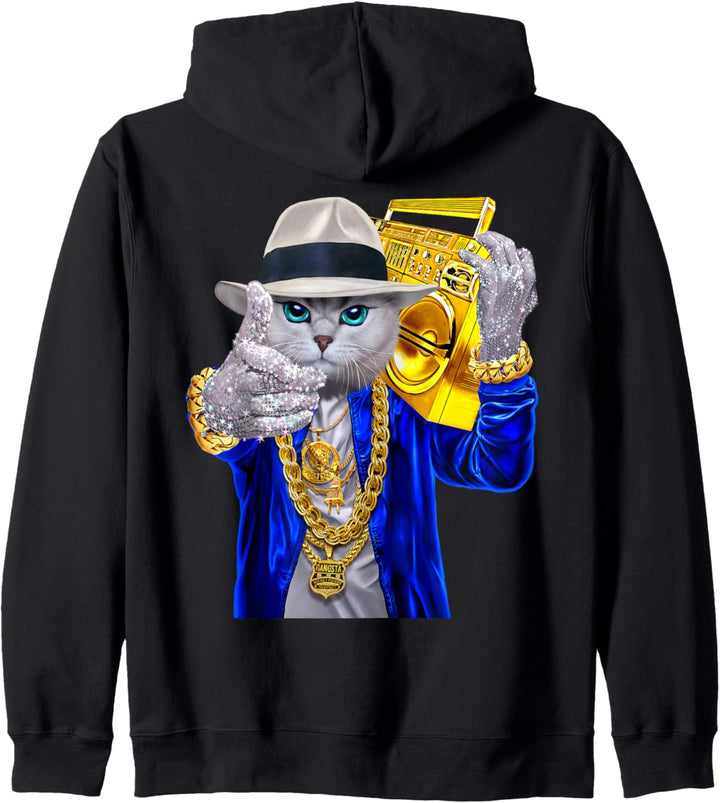 Hip Hop Rapper Katze im Fedorahut mit Boombox Kapuzenjacke