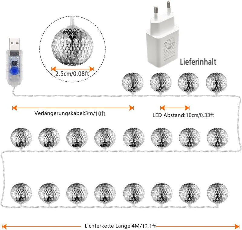 4M Kugel LED Lichterkette Innen USB, Marokkanische Kugeln Orientalisch Lichterkette Aussen, 40er LED