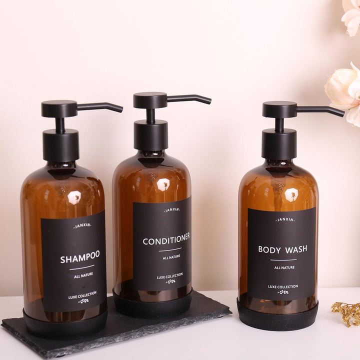 Janxin Shampoo- und Spülungsspender, Set mit 3 nachfüllbaren 600 ml Shampoo-Flaschen mit rutschfeste