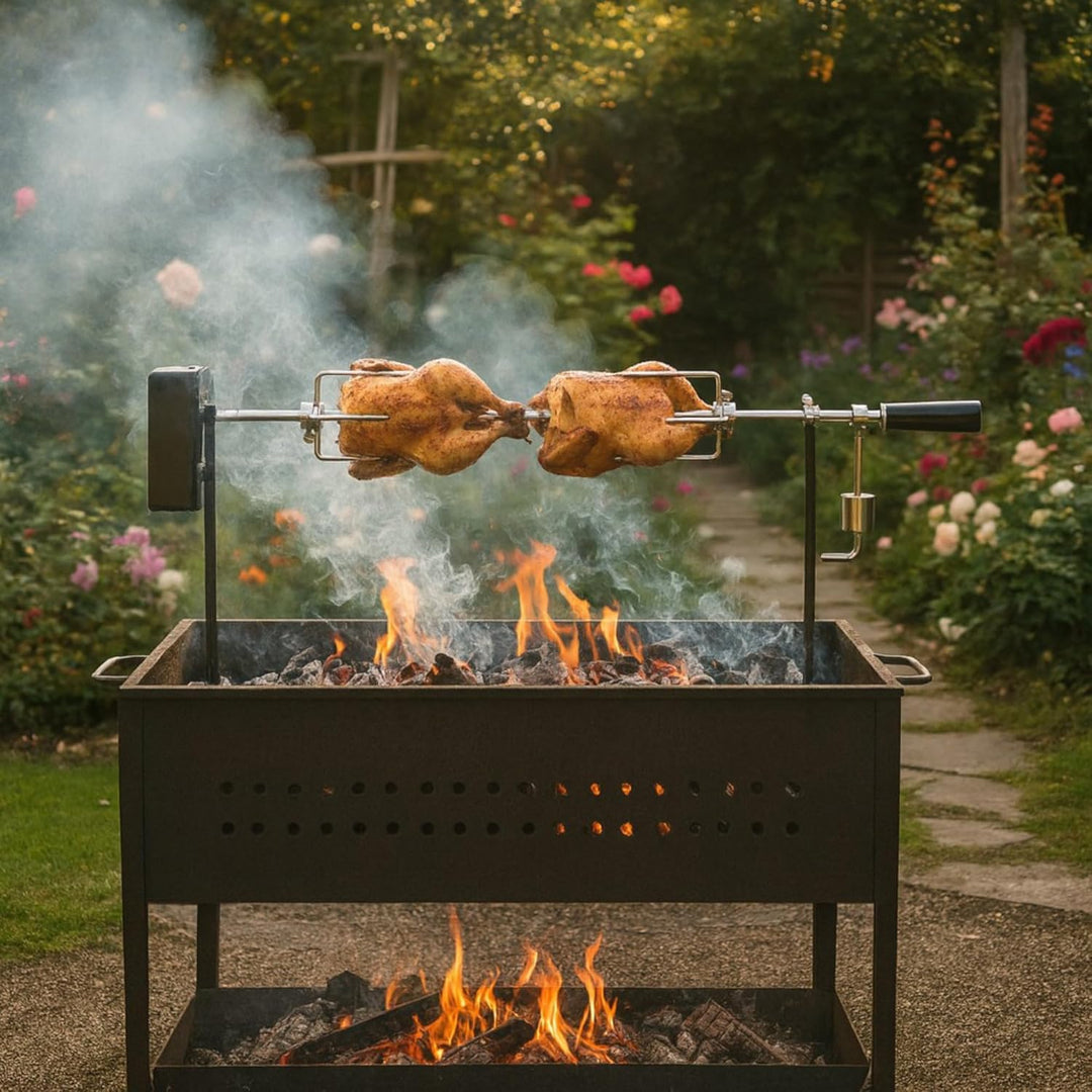 BBQ-Toro Grillspiess Set für Camping Ausflug, Lagerfeuer und mehr, 90 cm, 2 Fleischnadeln, Motor (mi