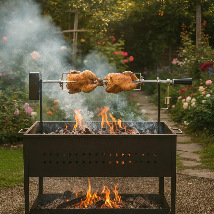 BBQ-Toro Grillspiess Set für Camping Ausflug, Lagerfeuer und mehr, 90 cm, 2 Fleischnadeln, Motor (mi