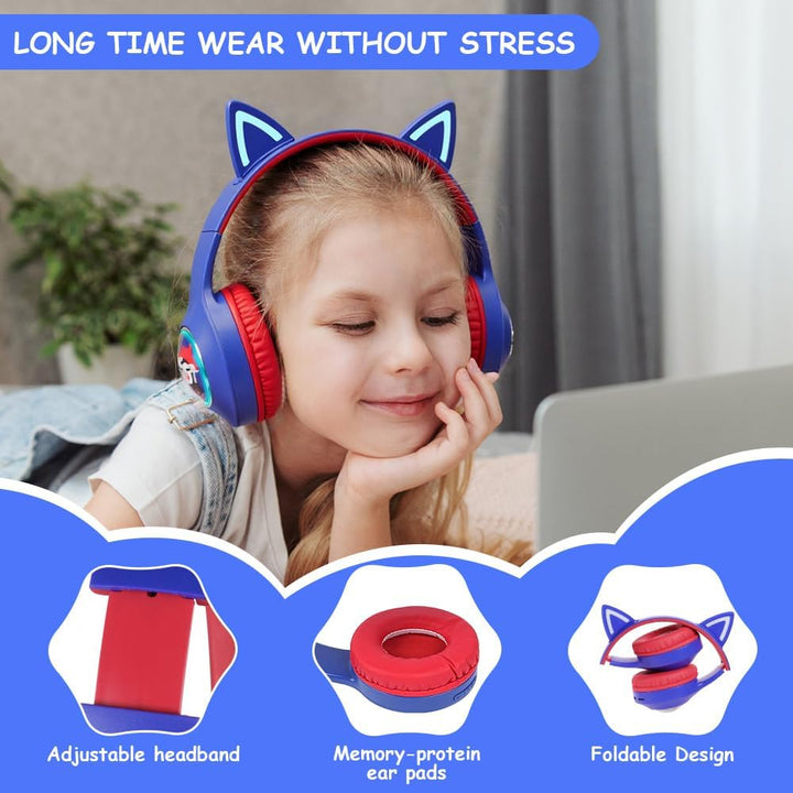 AXFEE Bluetooth-Kopfhörer Mit Katzenohren für Kinder, Bluetooth 5.3 Over-Ear Kopfhörer mit LED-Leuch