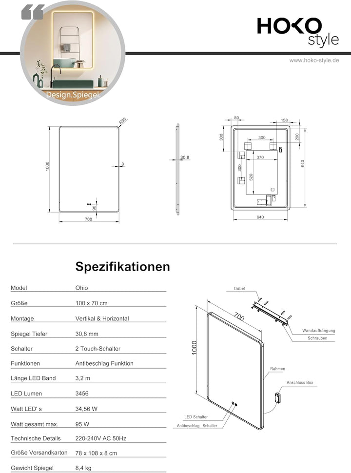 HOKO Anti-Fog LED Badspiegel 100x70 cm / 70x100 cm Ohio mit Goldener Metallrahmen, HOCH+QUER Montage
