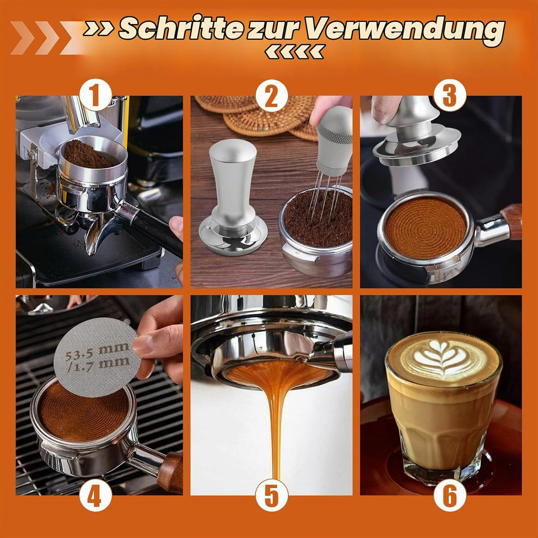 Kaffee Tamper 54mm Set, Aufgerüstet Espresso Tamper set inkl. WDT Tool, Dosierring 54mm, Puck Screen