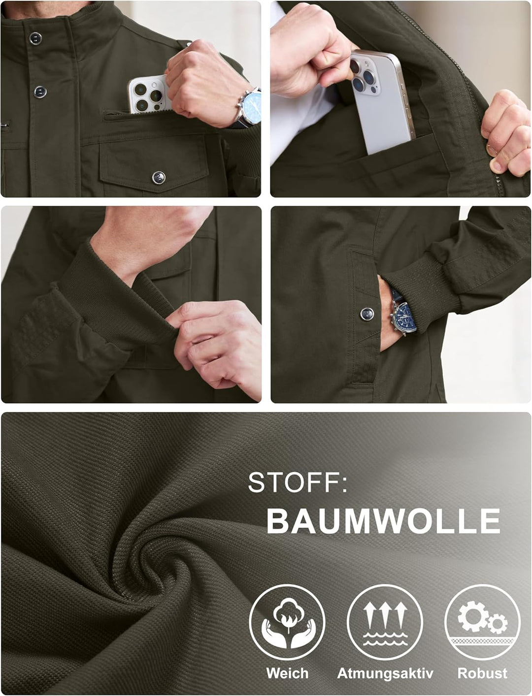 EKLENTSON Herren Arbeitsjacke Workwear Übergangsjacke Cargo Jacke mit Vielen Taschen S Armeegrün #91