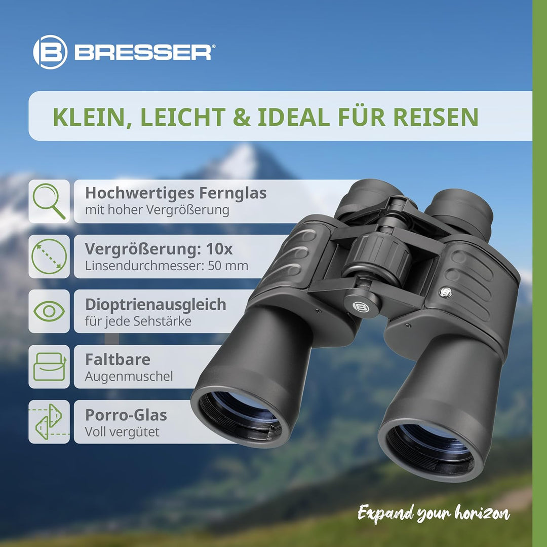 Bresser Fernglas Hunter 10x50 mm mit Prismen aus vollvergütetem BK-7 Glasmaterial, faltbaren Augenmu