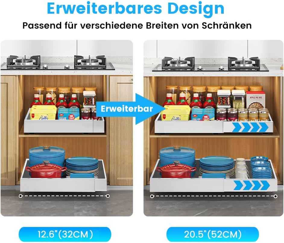 Teleskopschublade, Ausziehbare Schublade Küche, Küchenschrank Organizer, Weiss, 31-52 cm B x 43 cm T