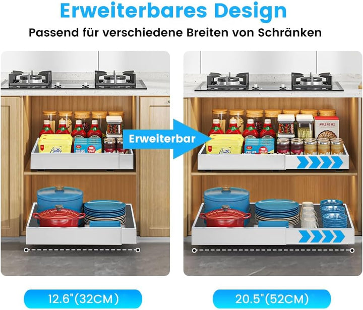 Teleskopschublade, Ausziehbare Schublade Küche, Küchenschrank Organizer, Weiss, 31-52 cm B x 43 cm T