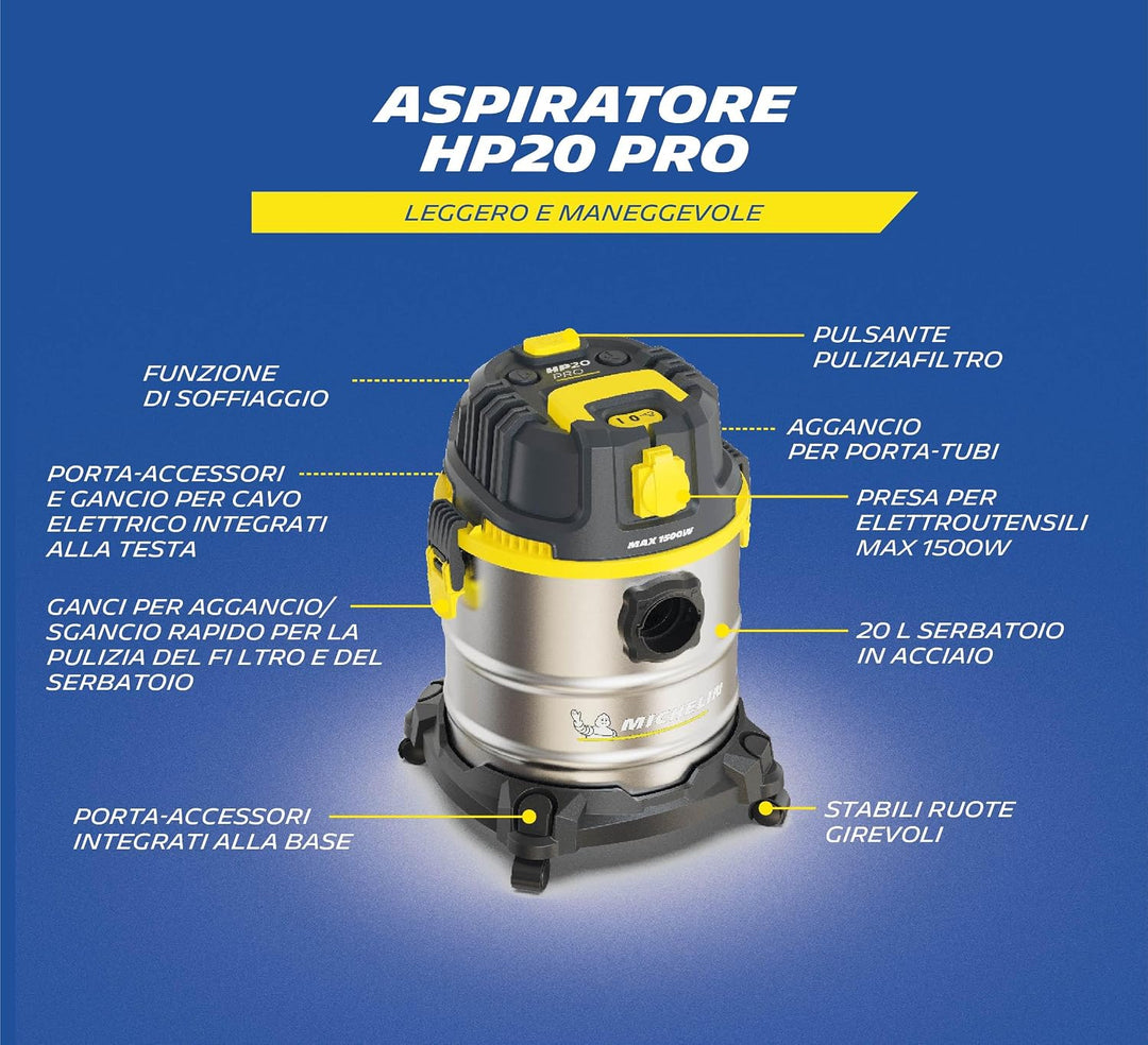 Michelin Nass- und Trockensauger HP20 PRO I Edelstahlbehälter 20 L I Steckdose für weitere Geräte I
