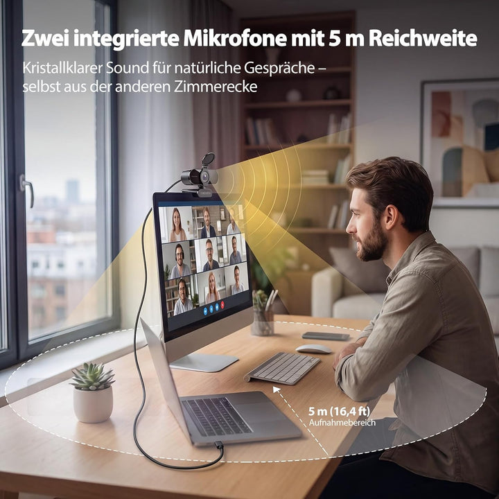 1080p Webcam mit Mikrofon &amp; Rauschunterdrückung, Full HD PC Kamera | Automatische Lichtkorrektur, 90