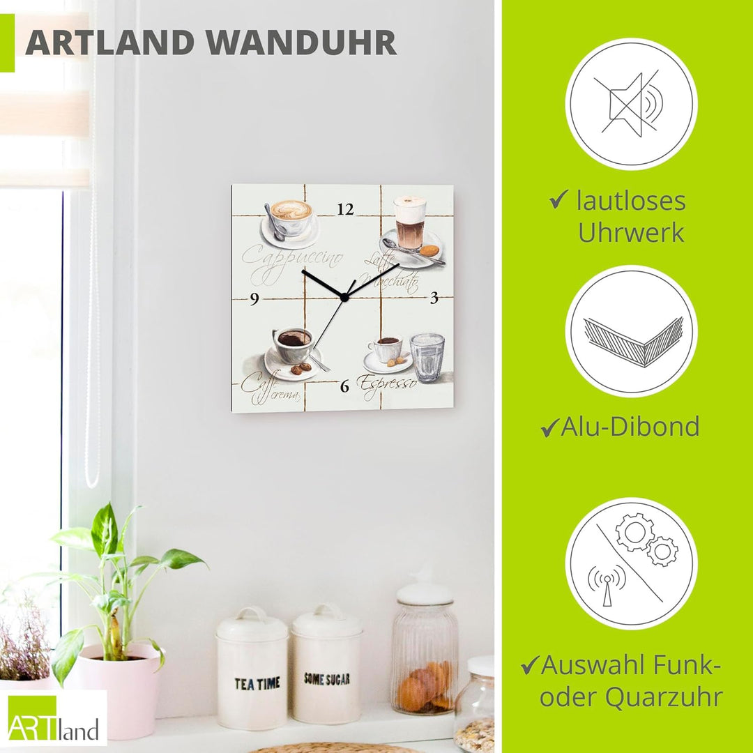 ARTLAND Wanduhr ohne Tickgeräusche Leinwand Funkuhr 30x30 cm Quadratisch Lautlos Cappuccino Kaffee C