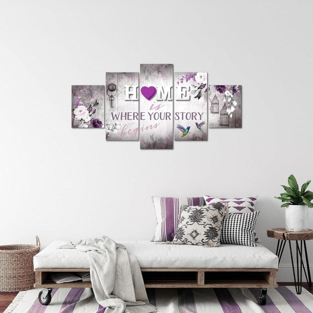 Runa Art Bild Wohnzimmer Home 5 Teilig Vintage Grau Lila Wandbilder auf Vlies Leinwand 037653b