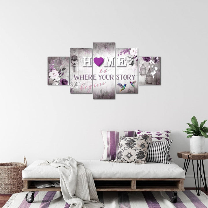 Runa Art Bild Wohnzimmer Home 5 Teilig Vintage Grau Lila Wandbilder auf Vlies Leinwand 037653b