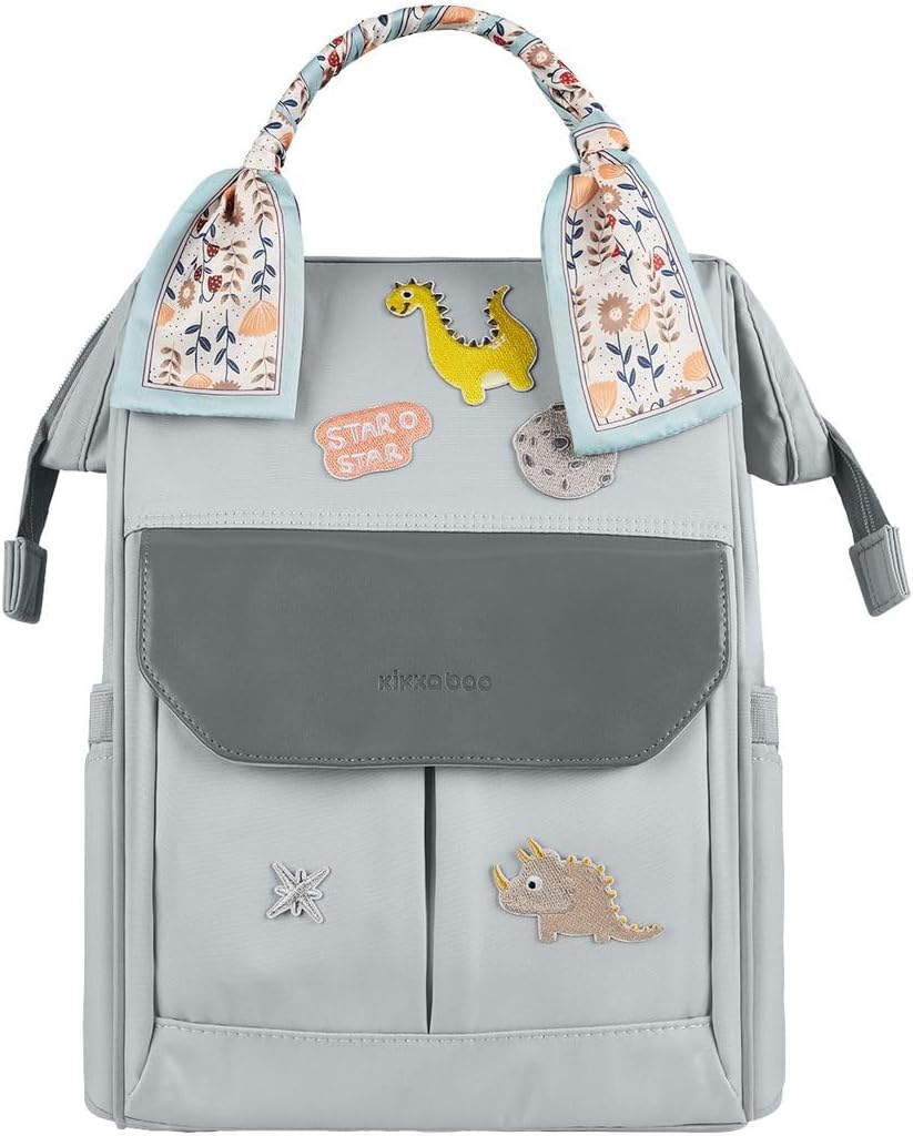 Kikkaboo Wickeltasche Myla Rucksack, Wickeltasche, abnehmbarer Aufkleber Dino Grau, Grau