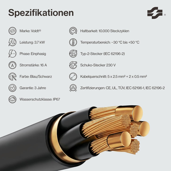 VOLDT Typ 2 Ladekabel Schuko 3,7 kW, 1-phasig, 8A - 16A, verstellbare EV-Ladegerät mit steuerbarer D