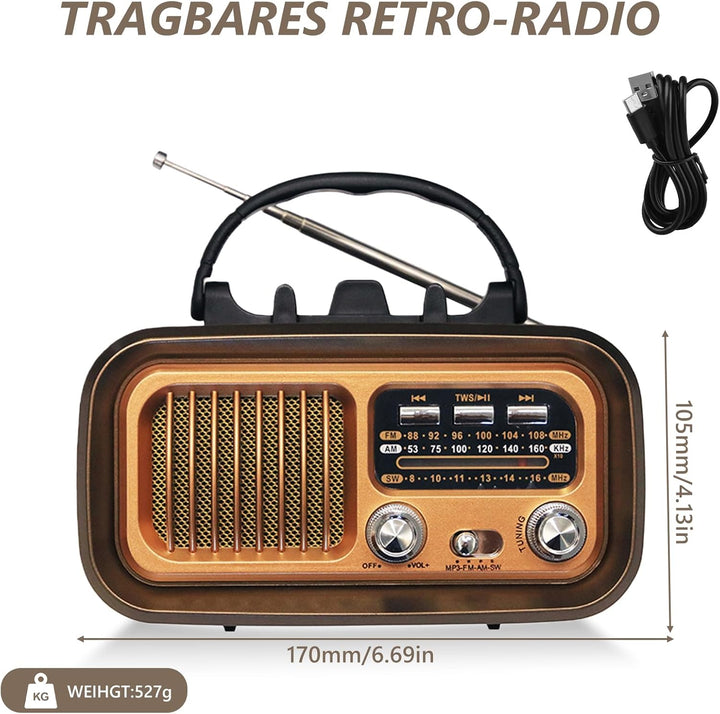 Tragbar Retro Radio mit Bluetooth, AM/FM/SW Solar Kofferradio Batteriebetrieb/D-Zellen Betrieb, Laut