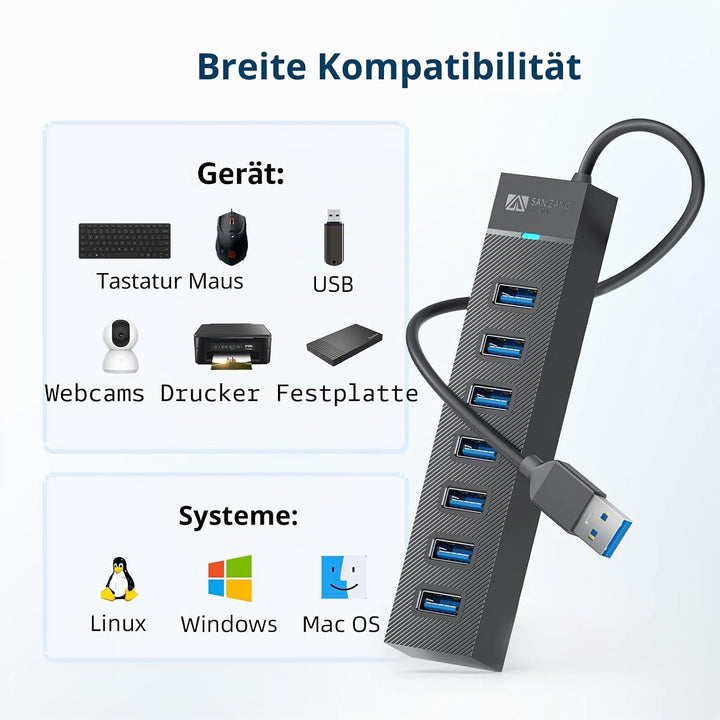 Sanzang USB-Hub, USB-3.0-Hub, USB-Splitter für Laptop, Flash-Laufwerk, HDD, Konsole, Drucker, Kamera