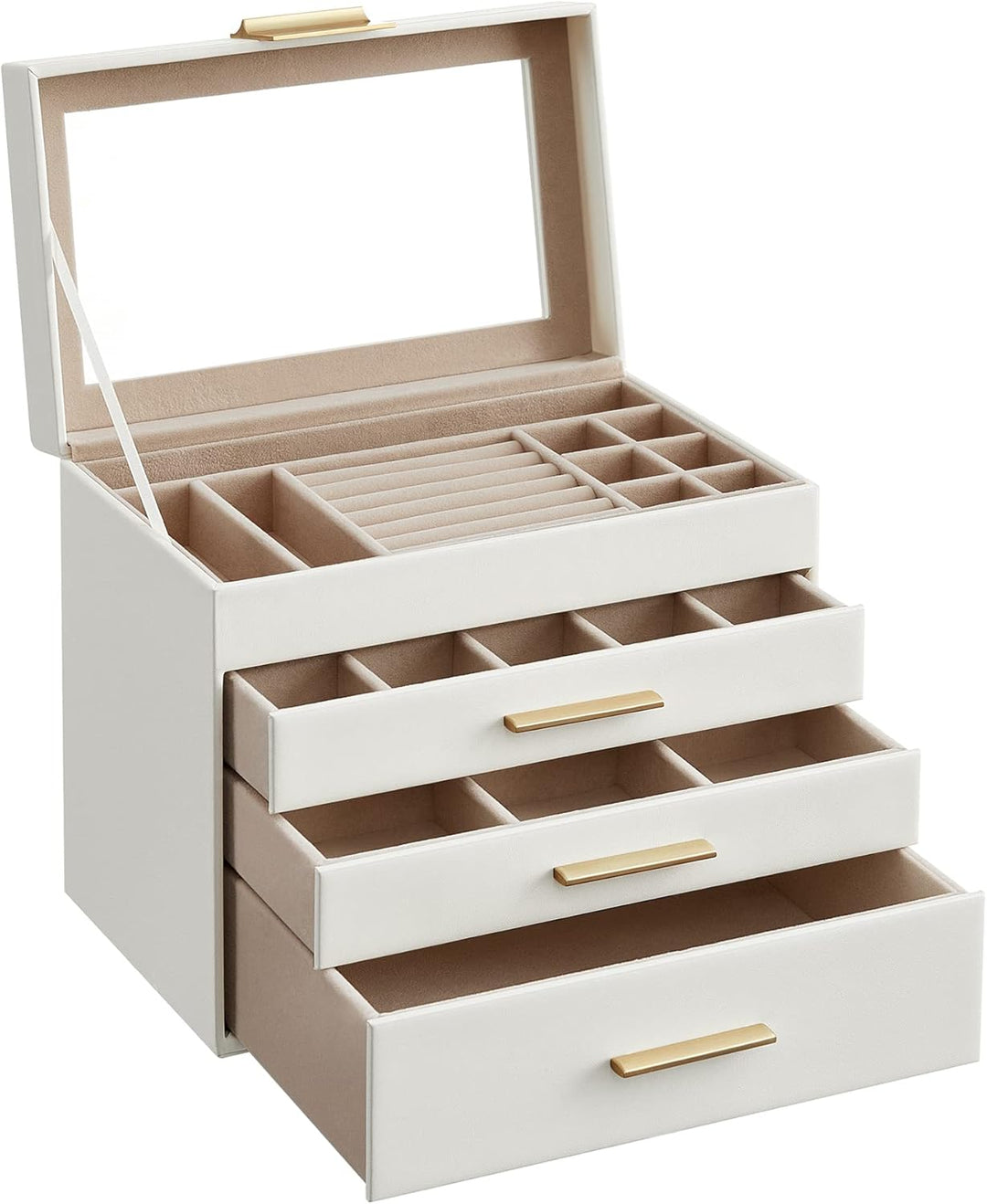 SONGMICS Schmuckkästchen, Schmuckkasten mit 4 Ebenen, Schmuckbox mit Glasdeckel, 3 Schubladen, für S