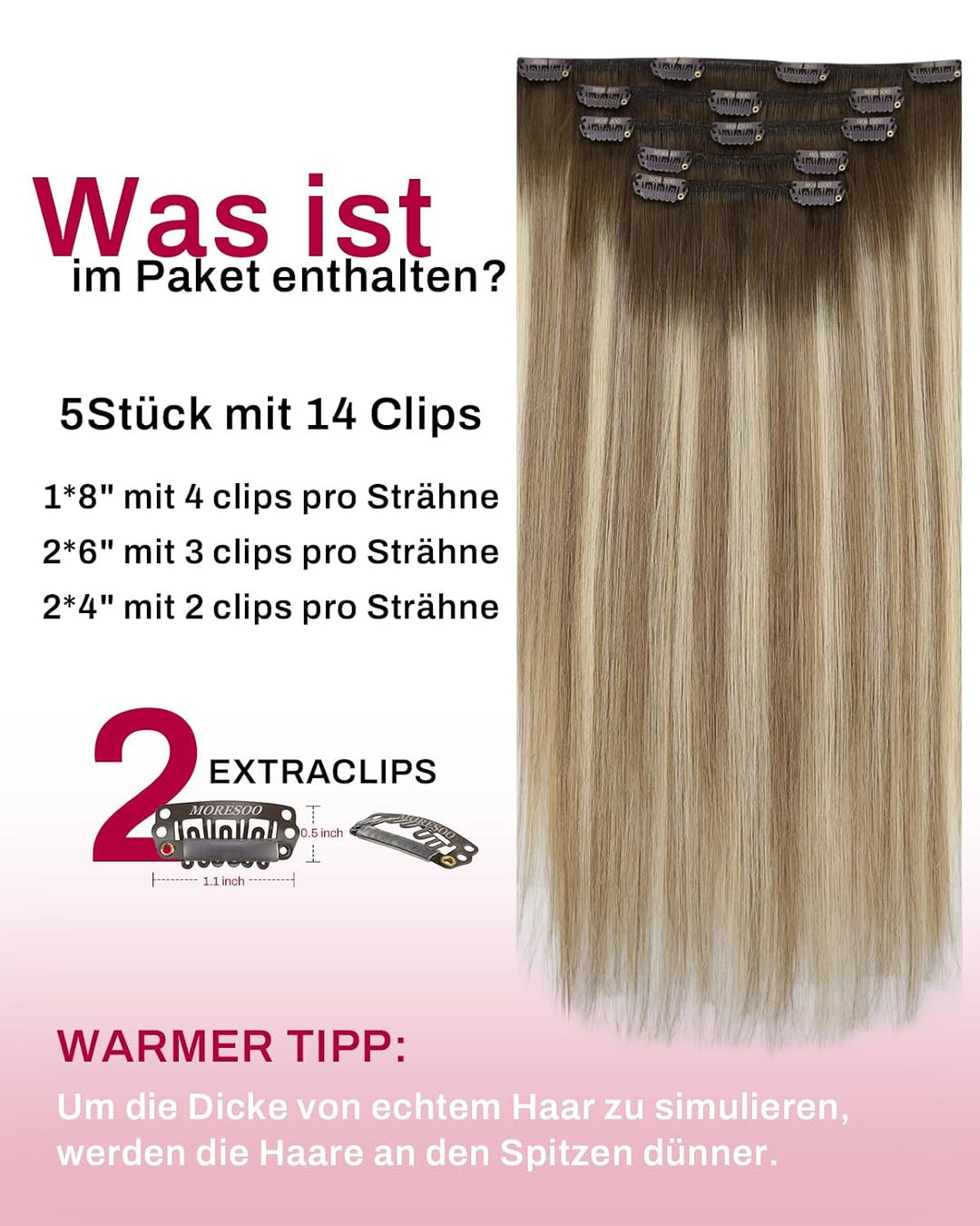 Moresoo Clip in Extensions Echthaar Braun Haarverlängerung Ombre Clip in Hair Extensions Remy Echtha