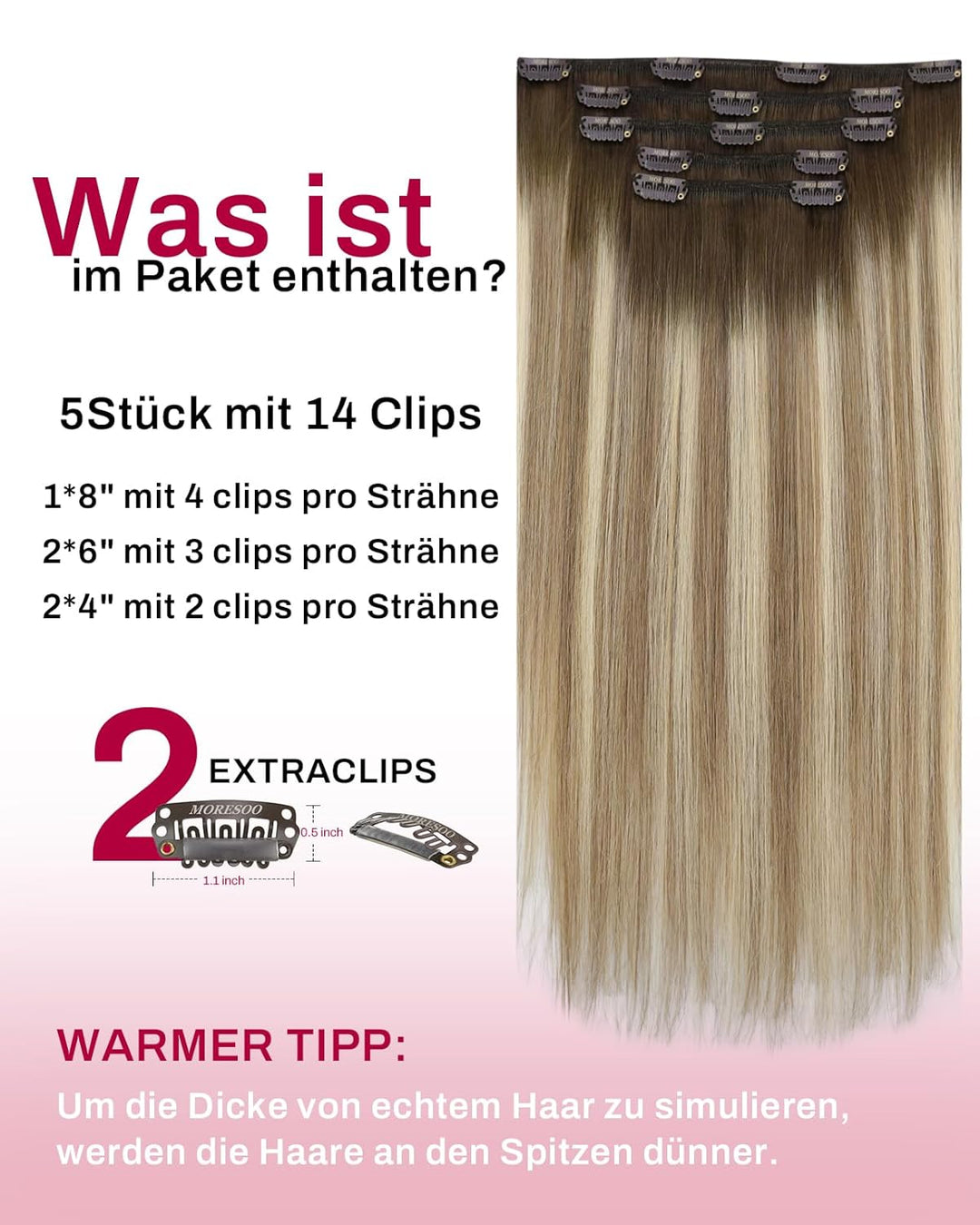 Moresoo Clip in Extensions Echthaar Remy Braun Extension Echthaar Clips Braun bis Hellbraun mit Mitt