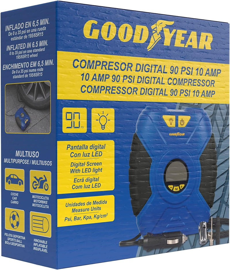 Goodyear DIGITALER TRAGBARER KOMPRESSOR 35PSI 12V ANSCHLUSS 90 PSI / 6,2 BAR, 12V ANSCHLUSS 90 PSI /