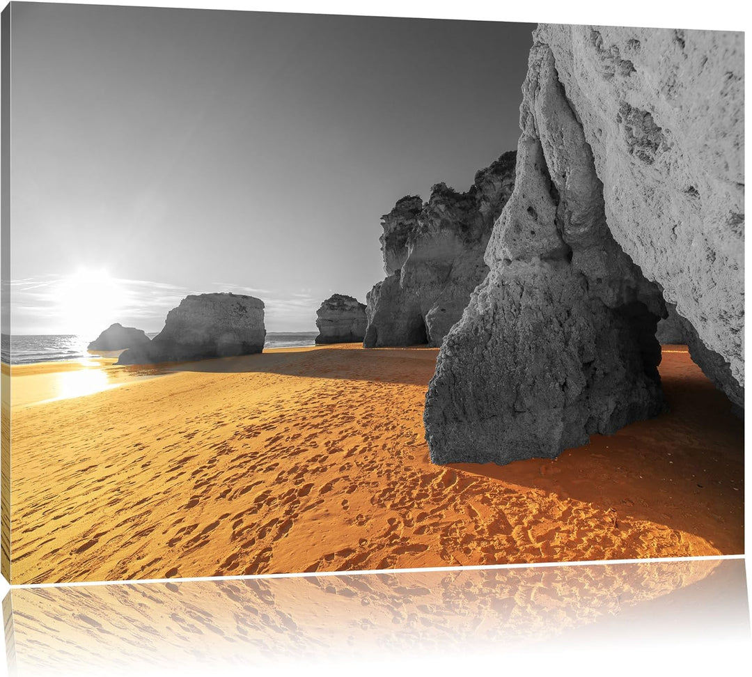 Riesige Felsen am Strand schwarz/weiss Format: 100x70 auf Leinwand, XXL riesige Bilder fertig gerahm