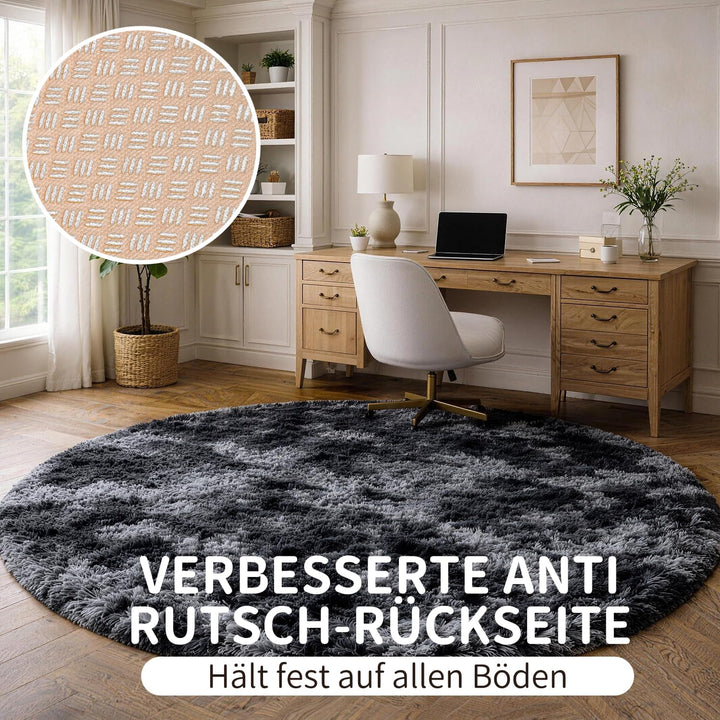 Teppich Rund 120 cm Dunkelgrau Waschbar Rutschfester Hochflor Runder Teppich Schlafzimmer Weich Flau