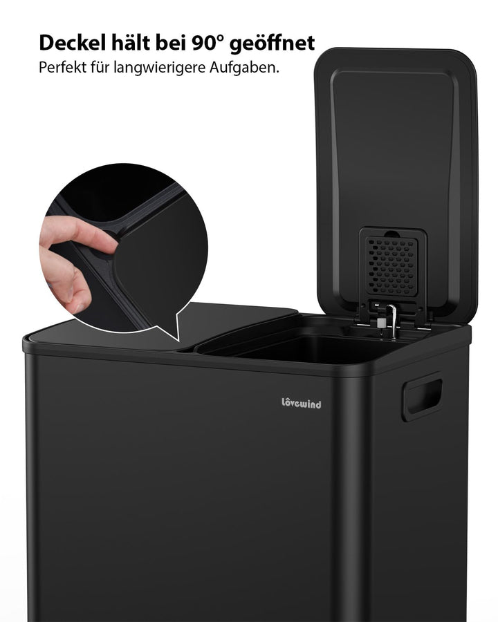 lovewind Mülleimer, 2 x 15L Mülleimer Küche, Doppeleimer für Recycling und Abfall, Schwarz, Mülleime