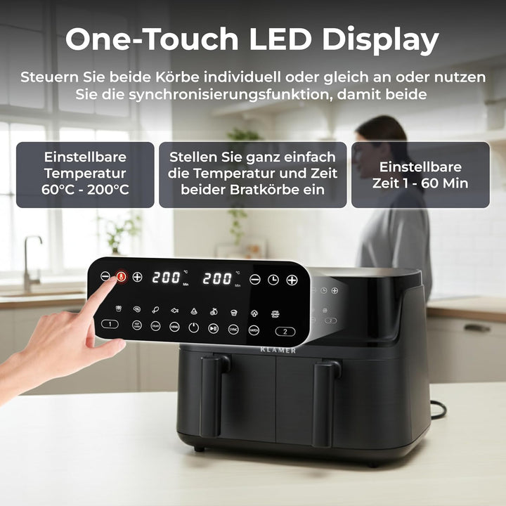 KLAMER Heissluftfritteuse Duo 9 L – Doppelkammer Airfryer mit 2 Körben & Digitaldisplay, 10 Automati