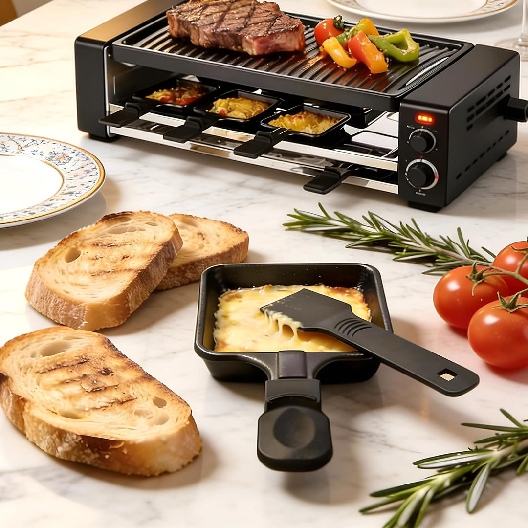 8er Set Quadratische Raclette Pfannen mit 8 Nylon Spateln, Antihaft Eisen Pfännchen, Ersatz Raclette