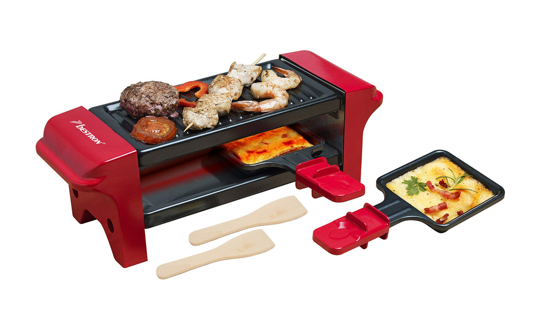 Bestron Raclette für 1 bis 2 Personen, Mini Tischgrill mit zwei Pfännchen und zwei Holzschabern, 350