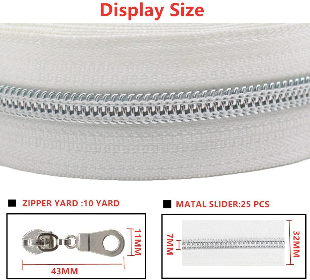 MebuZip 9 m Silber endlos Reissverschluss Meterware Nylon 6mm (Weiss) | Reissverschluss 25 Nonlock-Z