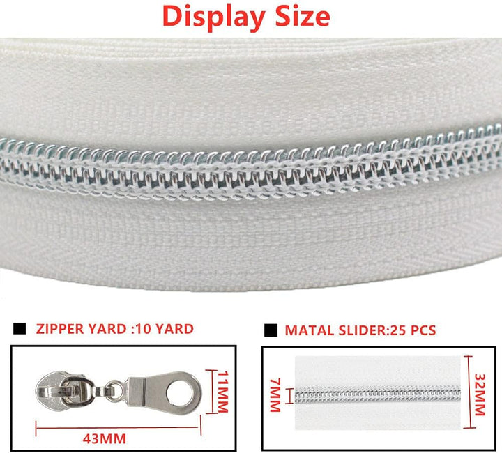 MebuZip 9 m Silber endlos Reissverschluss Meterware Nylon 6mm (Weiss) | Reissverschluss 25 Nonlock-Z