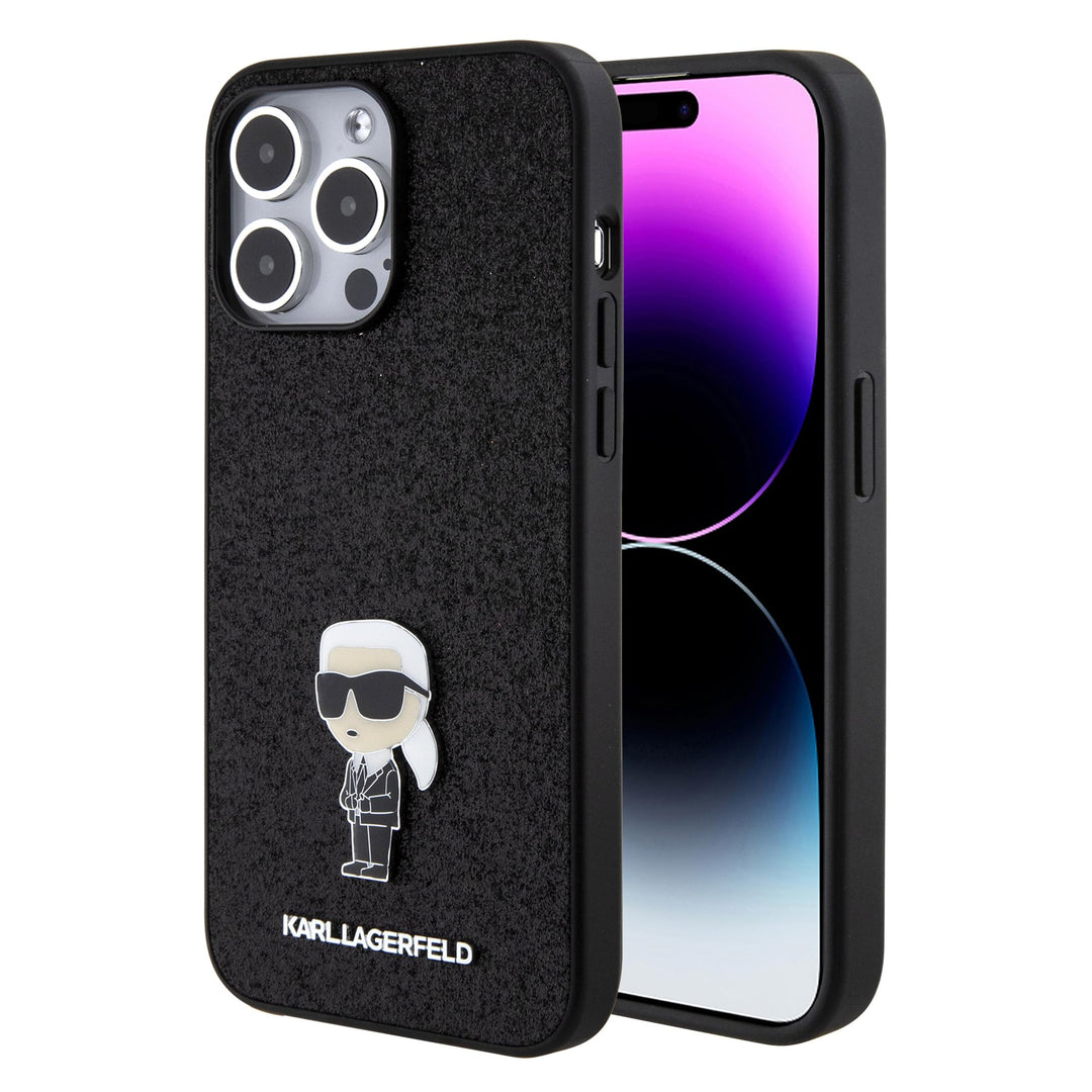 CG Mobile Karl Lagerfeld Fixed Glitter Case with Ikonik Logo Metal Pin for iPhone 15 Pro -Bla Schwar
