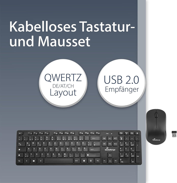MediaRange kabelloses Funk-Tastatur und 3 Tasten Funk-Maus Set, deutsches QWERTZ Layout, PC Tastatur