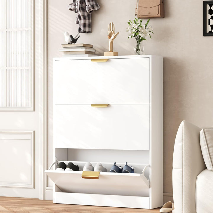 VOWNER Schuhschrank mit 3 Klappen Schmal Schuhkipper Weiss 80x17x108 cm | Platzsparender Schuhregal