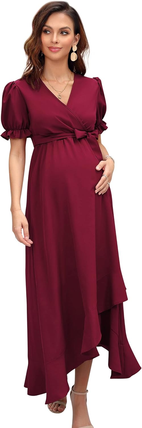 KOJOOIN Damen Umstandskleid V-Ausschnitt Stillkleid Kurzarm Schwangerschaftskleid mit Rüschen Blumen