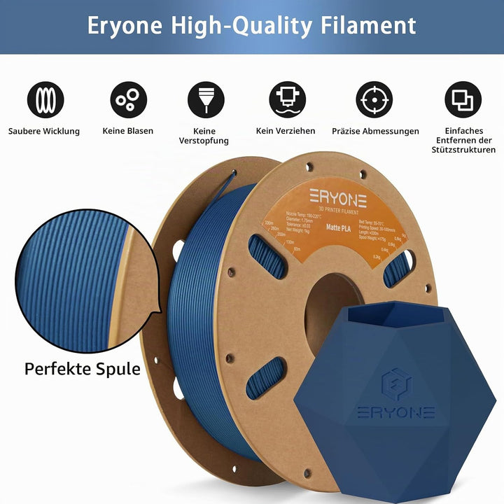 ERYONE Matte PLA 3D Drucker Filament 1.75mm, Massgenauigkeit +/- 0.03 mm, 1 kg 1 Spule, Matte Marine