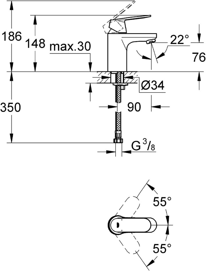 Grohe Eurosmart Cosmopolitan Einhand-Waschtischbatterie, niedriger Auslauf, glatter Körper S Glatter