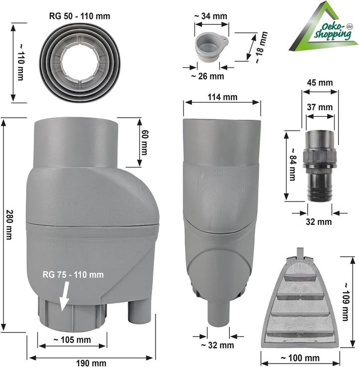 Regensammler Regenfass Regenfilter T33 mit Wasserhahn Regentonne Füllautomat m. Laubabweiser grau, R