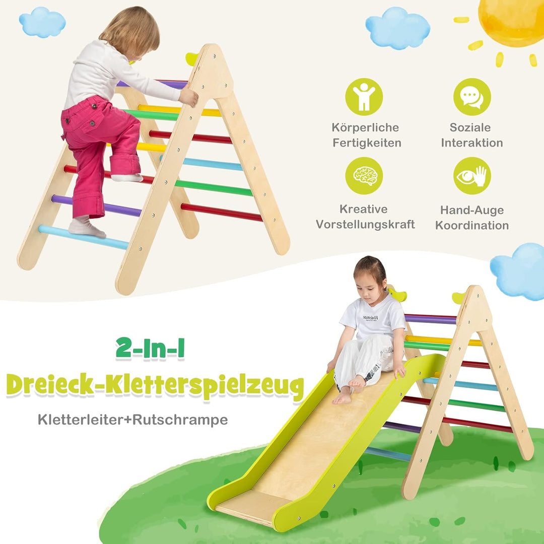 DREAMADE 2 in 1 Kletterdreieck mit Rutschbrett, Indoor Klettergerüst, Holzdreieck Sprossendreieck Kl