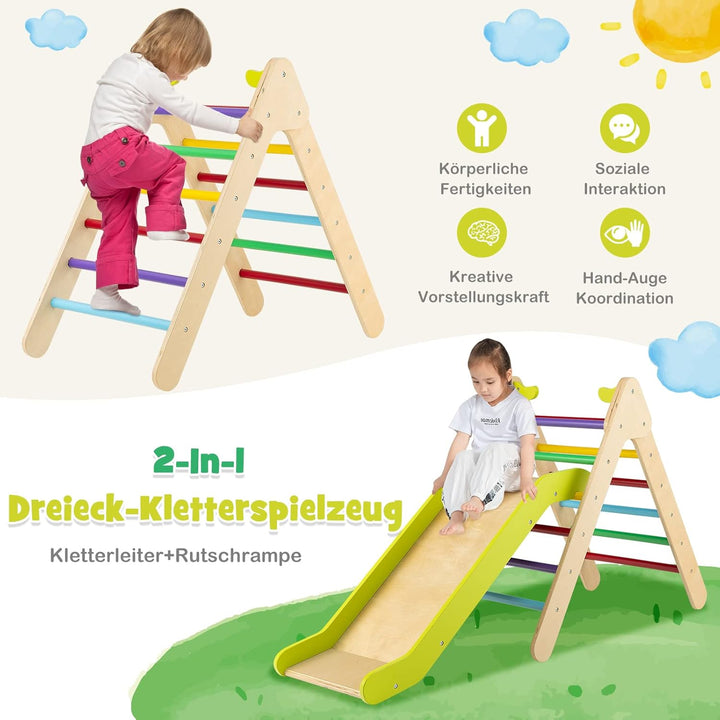 DREAMADE 2 in 1 Kletterdreieck mit Rutschbrett, Indoor Klettergerüst, Holzdreieck Sprossendreieck Kl