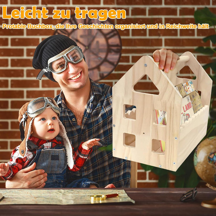 BüCherregal Kinder Kieferholz,NatüRliche Farbe Montessori BüCherregal Mit Griff 2 AblagefäChern,BüCh