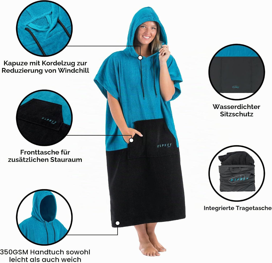 Osprey Handtuch Poncho | Unisex Kapuzen Surf Poncho Strand Wickelmantel für Damen und Herren Surfen