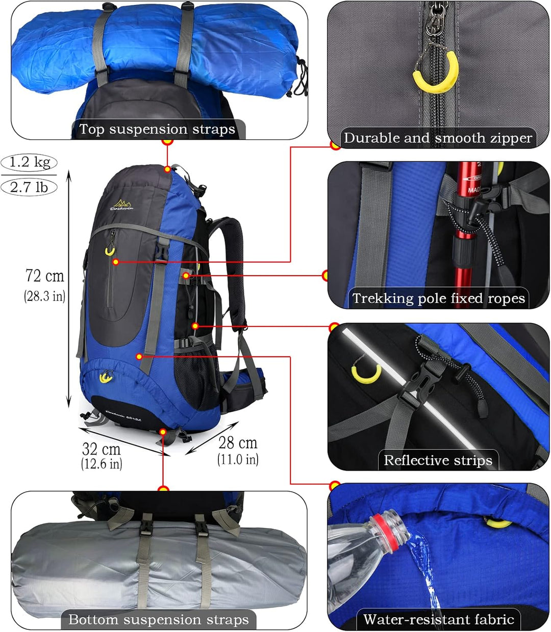 Doshwin 70L Trekkingrucksack Campingrucksack Reiserucksack Wanderrucksack Grosser Rucksack für Damen