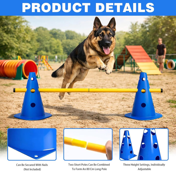 5er Sports Steckhürdenset, Agility Set Hunde Klein, Cavaletti Hunde Steckhürdenset, 10 Kegel + 5 Sta
