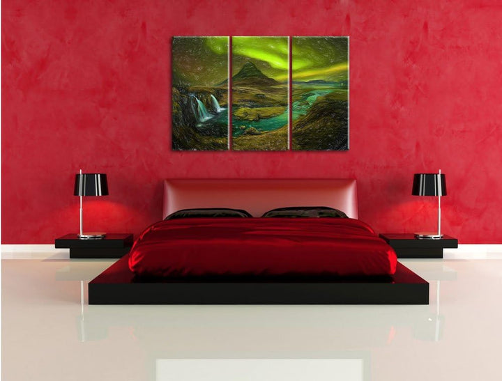 Pixxprint Kirkjufell Wasserfall als Leinwandbild/Grösse: 3 Teilig (120x80 cm) cm/Wandbild/Kunstdruck