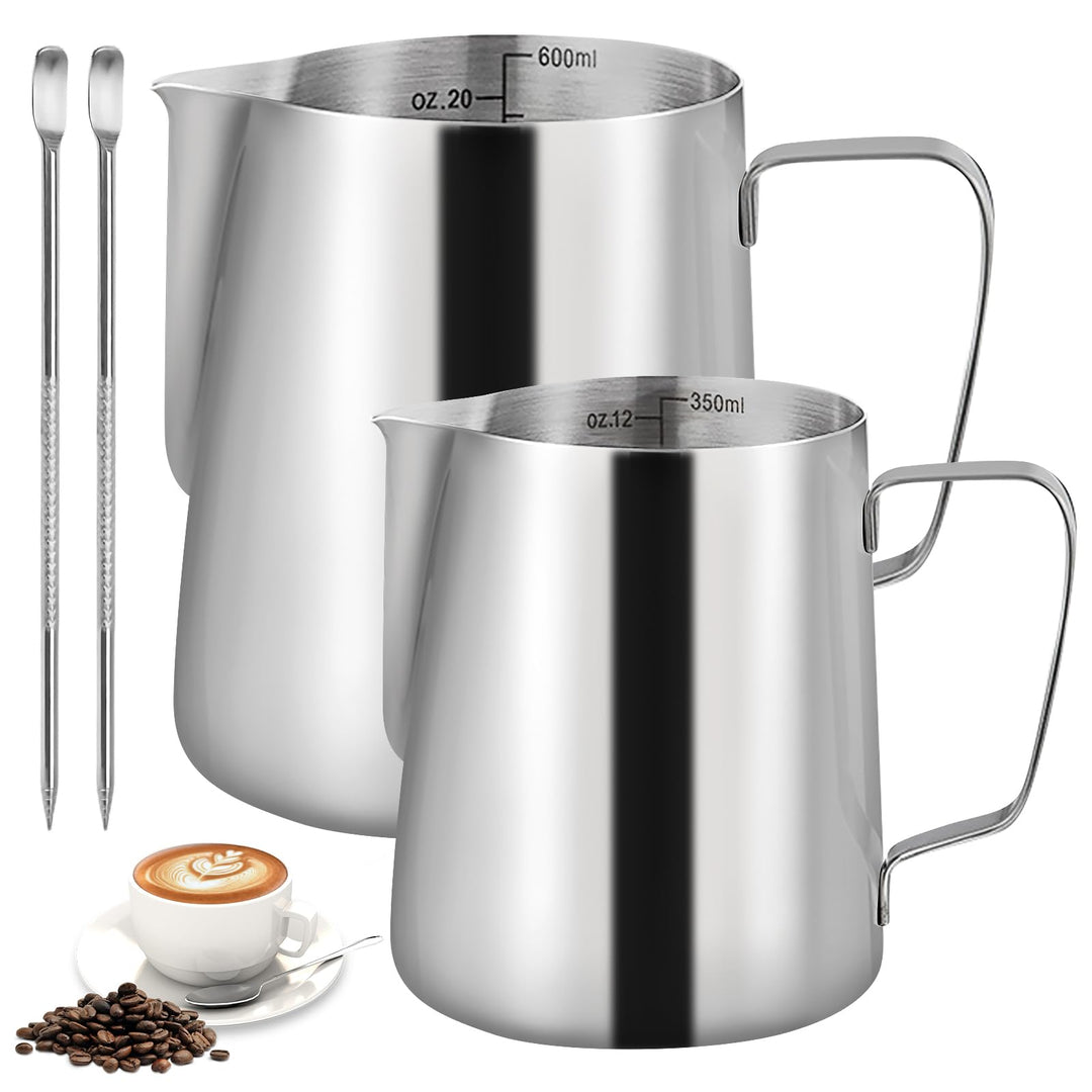 2 Stück Milchkännchen Edelstahl, Milchkanne Edelstahl 350ml & 600ml, Milchaufschäumer Kanne, Milchkä