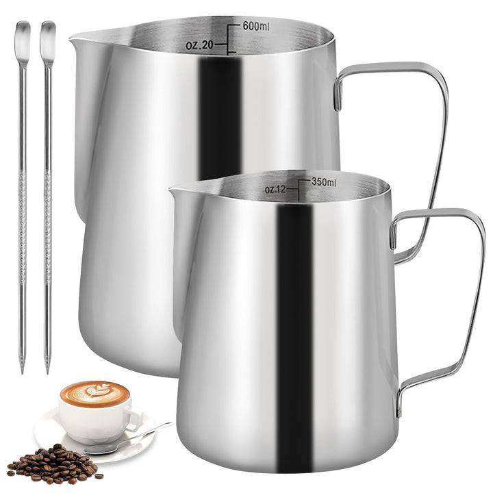2 Stück Milchkännchen Edelstahl, Milchkanne Edelstahl 350ml & 600ml, Milchaufschäumer Kanne, Milchkä