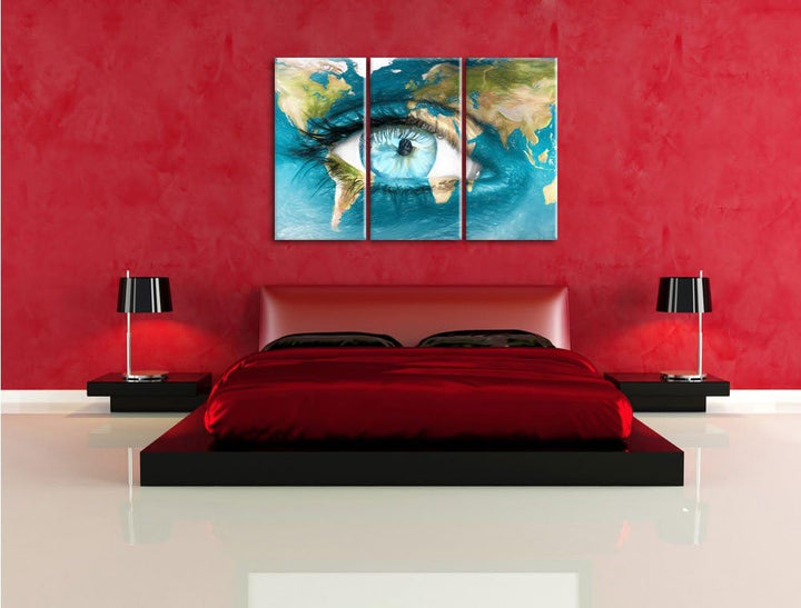 Pixxprint Die Erde gezeichnet auf EIN Gesicht Bunstift Effekt 3-Teiler Leinwandbild 120x80 Bild auf